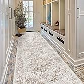 EISUROM Hallway 3x10 Runner Rug - Vintage Non-Slip Long Rug for Entryway Low-Pile Washable Medallion Runner Rugs for Hallway Waterproof Traditional Runner Rug Indoor Thin Rug for Kitchen (Ivory/Beige)