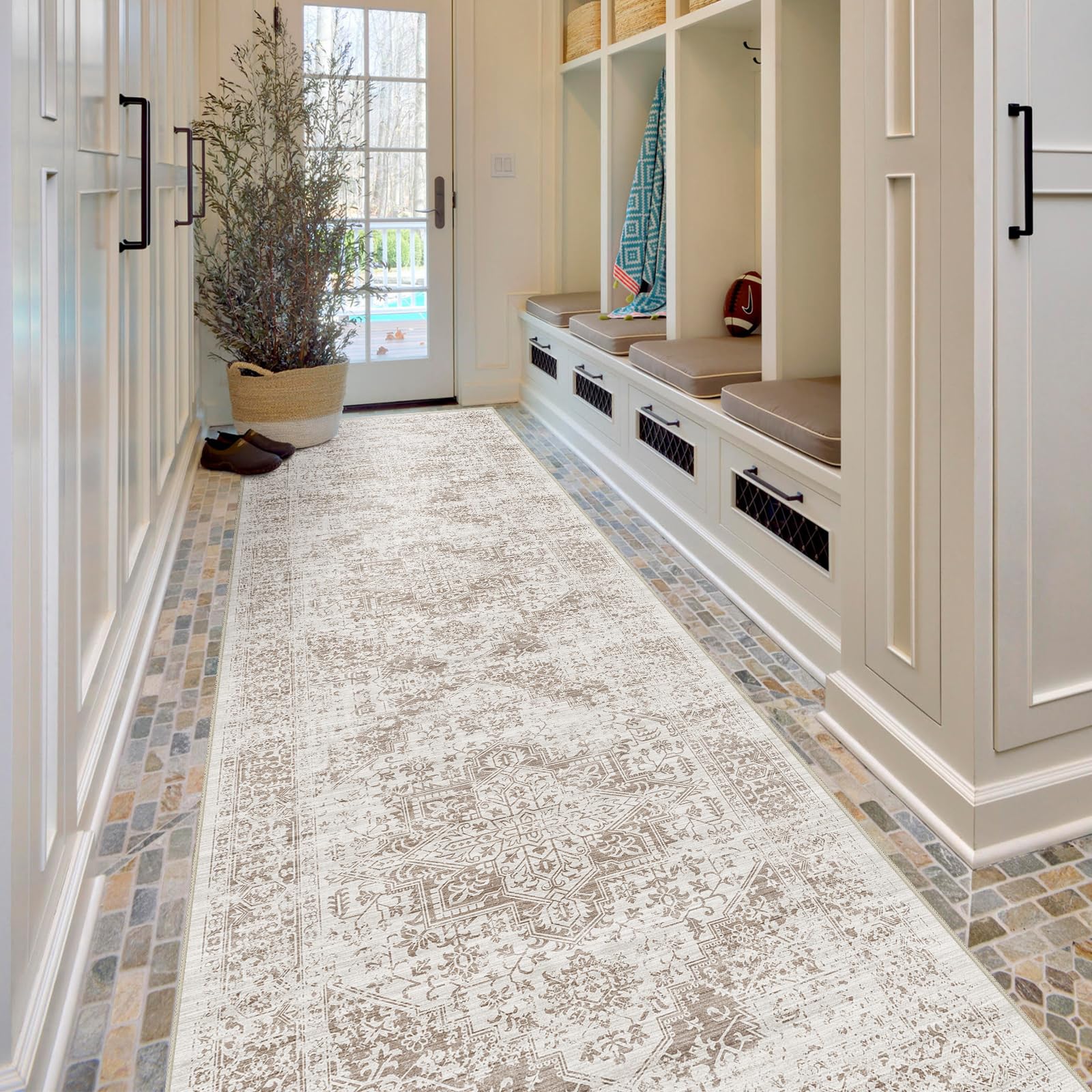 Photo 1 of EISUROM Hallway 3x10 Runner Rug - Vintage Non-Slip Long Rug for Entryway Low-Pile Washable Medallion Runner Rugs for Hallway Waterproof Traditional Runner Rug Indoor Thin Rug for Kitchen (Beige)