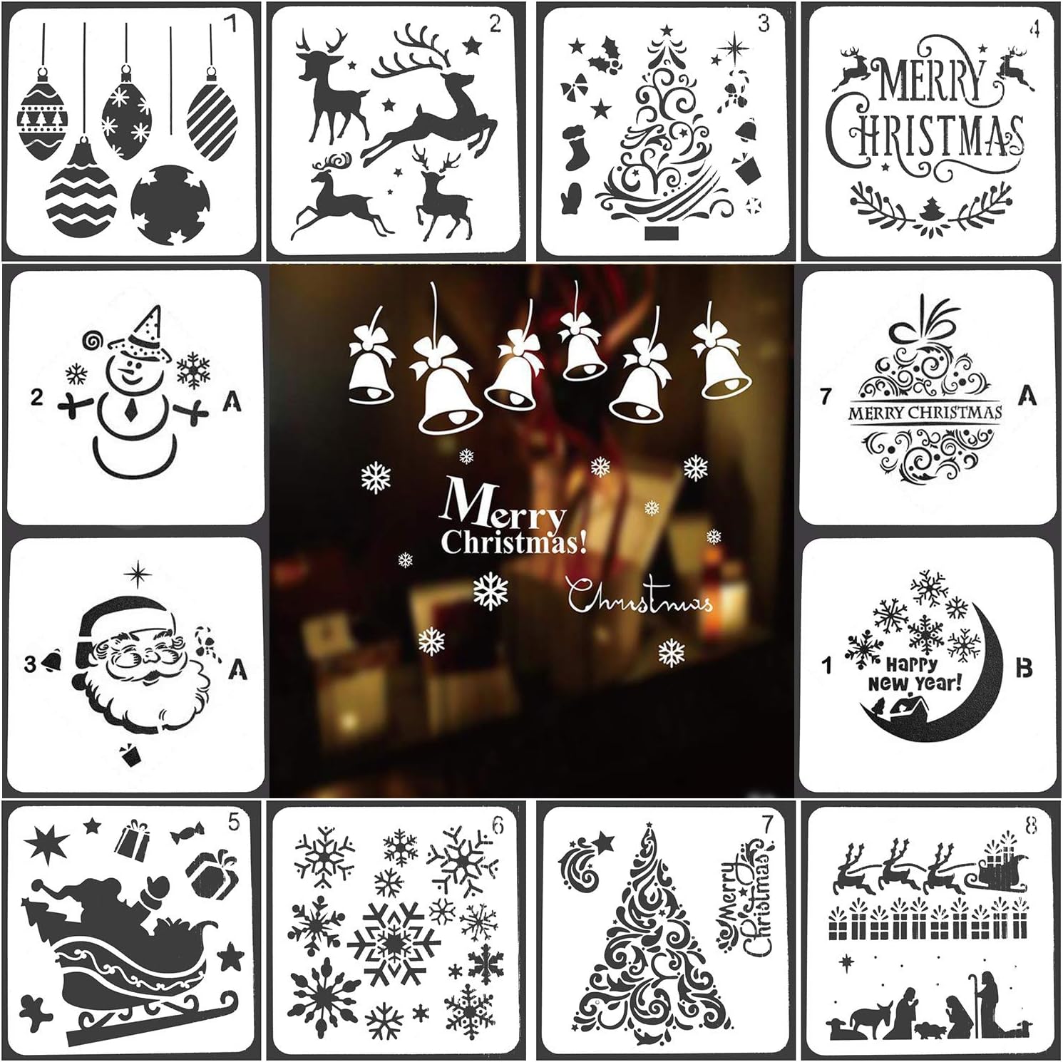 Download Christmas Stencils Templates 12 Pack Merry Chrismas Stanta Claus Snowflakes Balls Trees Reindeers Gift Boxes Xmas Holiday Craft Party Decorations 13x13cm Amazon Co Uk Kitchen Home Yellowimages Mockups