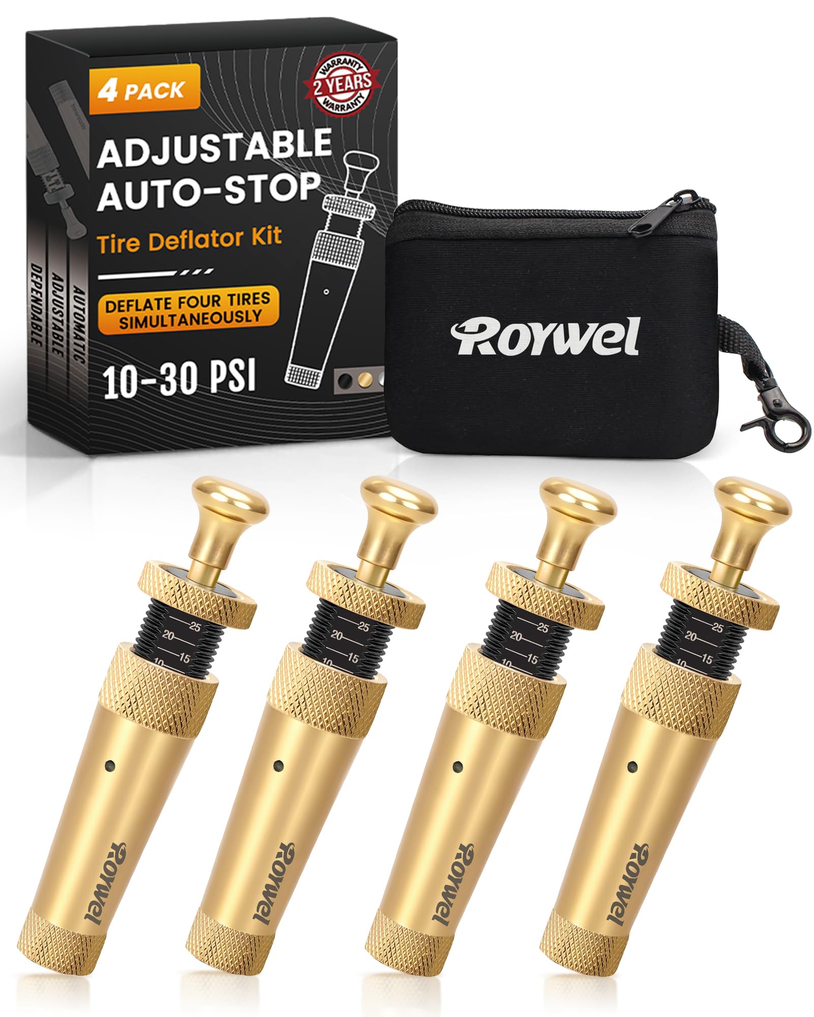 Photo 1 of ROYWEL Adjustable Auto-Stop Tire Deflator kit 10-30PSI(4PCS/Set),Air Down Tire Deflators Offroad Accessories Suit for Cars.Trucks