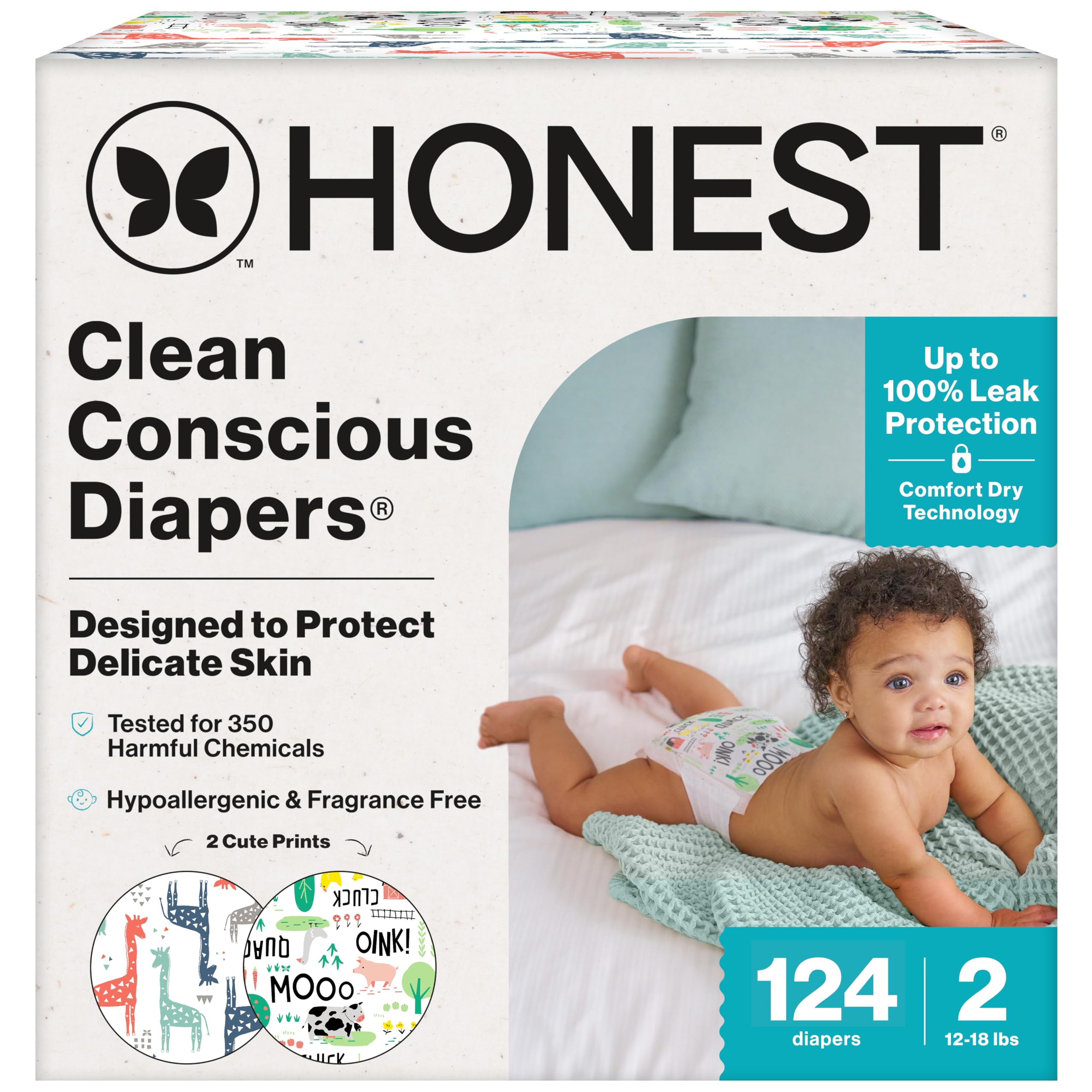 Photo 1 of The Honest Company Clean Conscious Diapers for Delicate Skin | Up to 100% Leakproof | Hypoallergenic, Fragrance Free | Gender Neutral | Super Club Box, Size 2 (12-18 lbs), 124 Count (Prints May Vary)