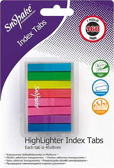Snopake Index Tab Highlighters Transparent 45 x 8 mm Neon Assorted (160 Tabs)
