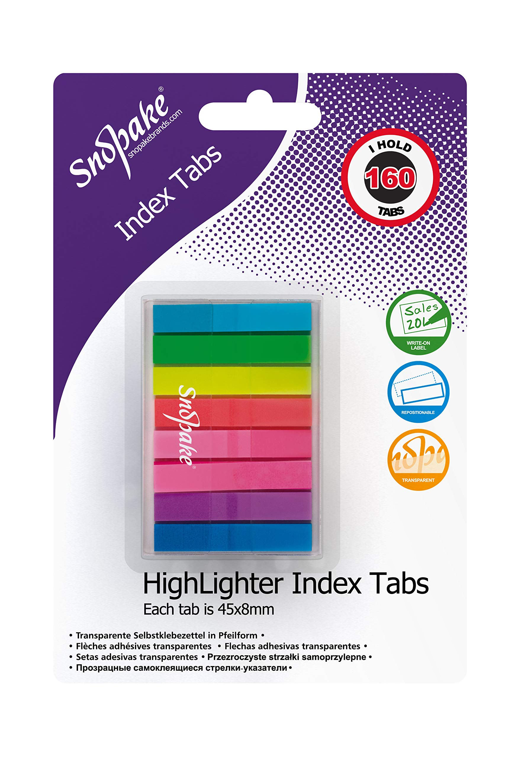 Snopake Index Tab Highlighters Transparent 45 x 8 mm - 160 Tabs - Neon Assorted [Ref: 15846]