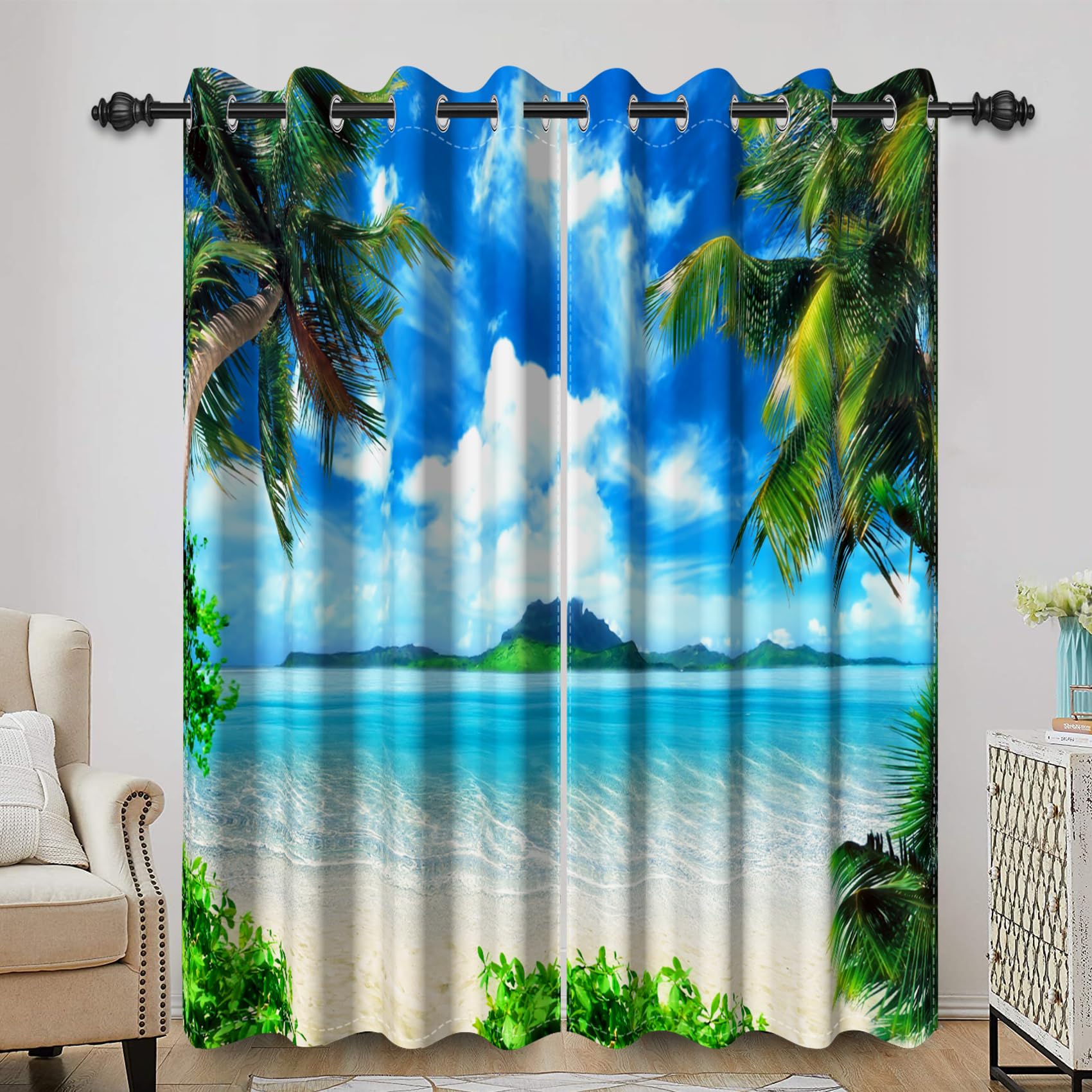 Bovlleetd Tropical Seaside Scenery Curtains Beach Green Palm Tree Blue Sky White Clouds Window Curtains for Living Room Fascinating Hawaiian Island Landscape Blackout Curtains set 2 Panels 46Wx54H