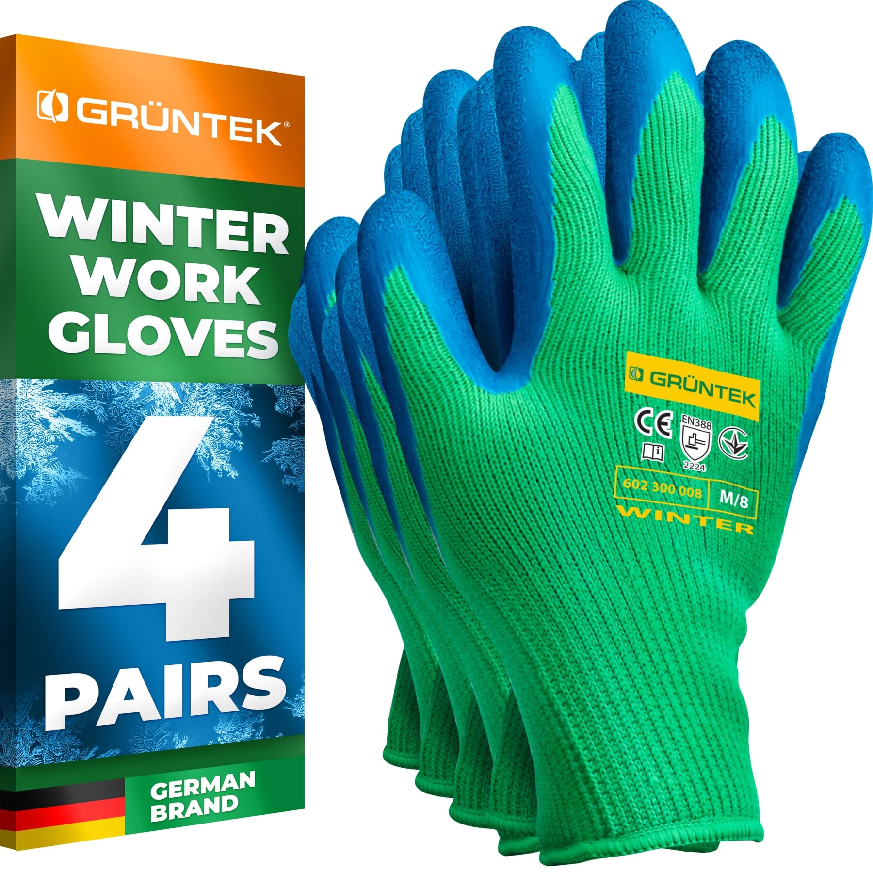 GRÜNTEK 4 Pairs of Protective Thermal Winter Gardening Work Gloves with Polyester Lining and Latex Coating, Size L/9, Suitable for Private and Commercial Use
