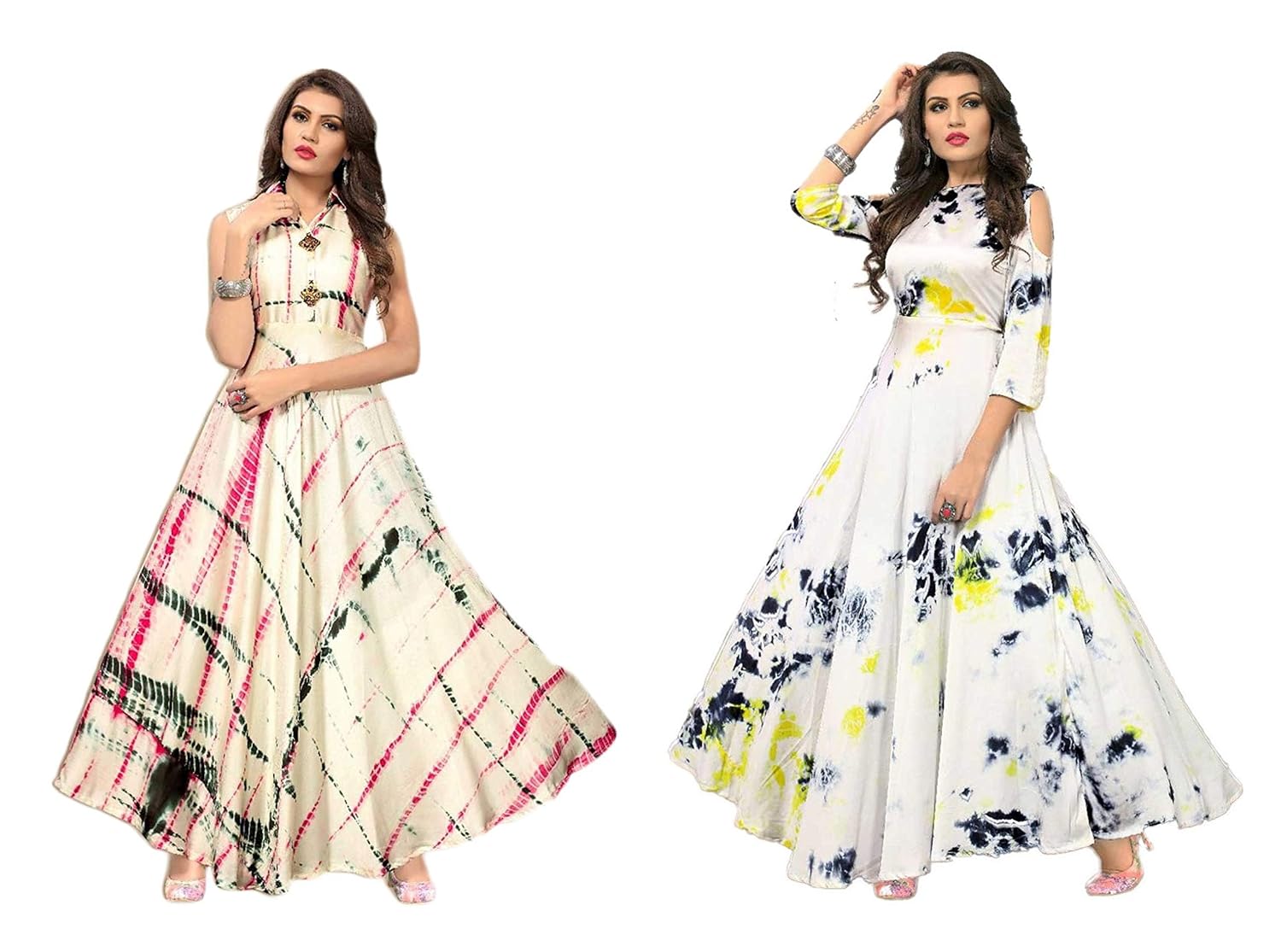 kesari king women's pack of 2 readymade satin printed gown(whiteyellow,cream)