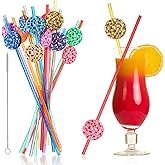 Layhit 24 Pcs Sliding Disco Ball Straws 8 Designs Reusable Colorful PET Glitter Straws with 2 Cleaning Brushes 70s Disco Party Decorations for Wedding Bachelorette Birthday Retro Dance