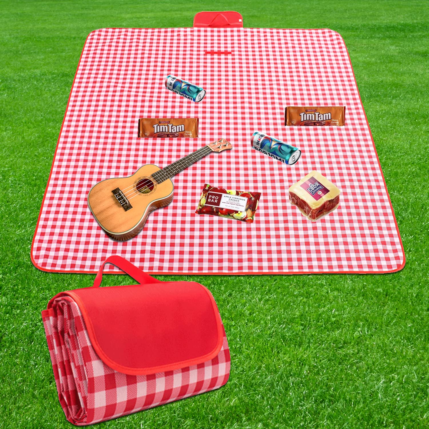 BoloShine Picnic Blankets, 200 x 200cm Waterproof Picnic Rug Foldable Outdoor Beach Blanket, Extra Large Picnic Mat Camping Blanket with Carrying Handle for Family Beach Park Hiking(Red)