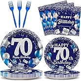 96 Pcs 70th Birthday Party Supplies - Navy Blue & Silver Plates, Napkins, Forks & Table Decorations for 24 Guests
