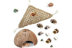 PINVNBY Hermit Crab Natural Coconut Shells Hut Hermit Crab Assorted Turbo Growth Shells Reptile Hideout with Hammock for Fish Tank Decoration Reptile Habitat (12 Pcs)