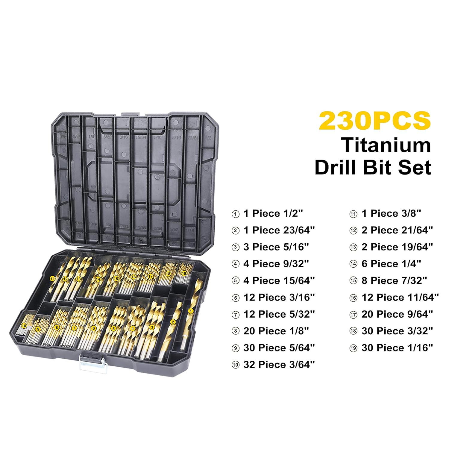 230 Pieces Titanium Twist Drill Bit Set, High Speed Steel, Size from 3/64" up to 1/2", Ideal for Wood/Steel/Aluminum/Zinc Alloy, with Hard Storage: Industrial & Scientific
