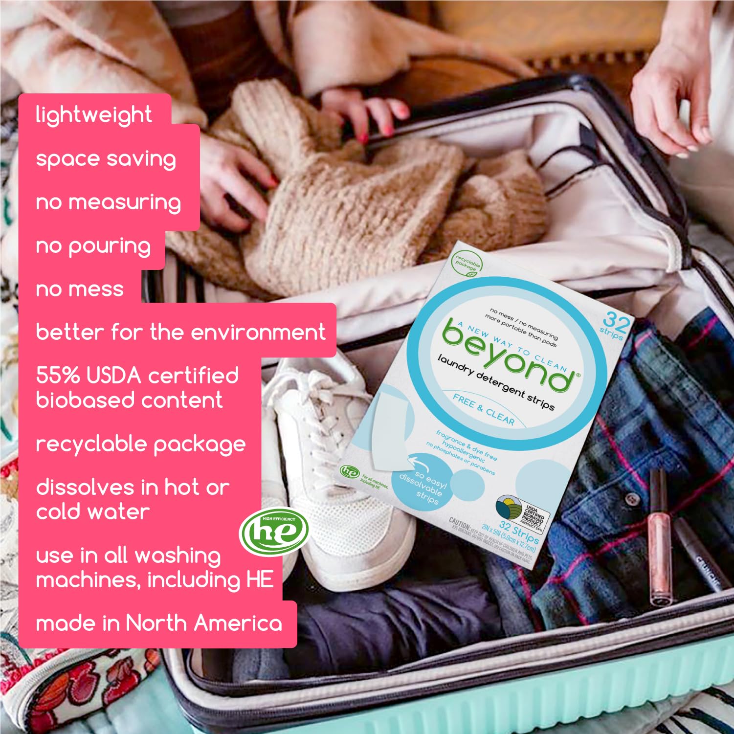 Laundry Detergent Strips [32 strips] - Free & Clear - Eco-friendly, Hypoallergenic. Travel friendly. Dissolvable Strips.