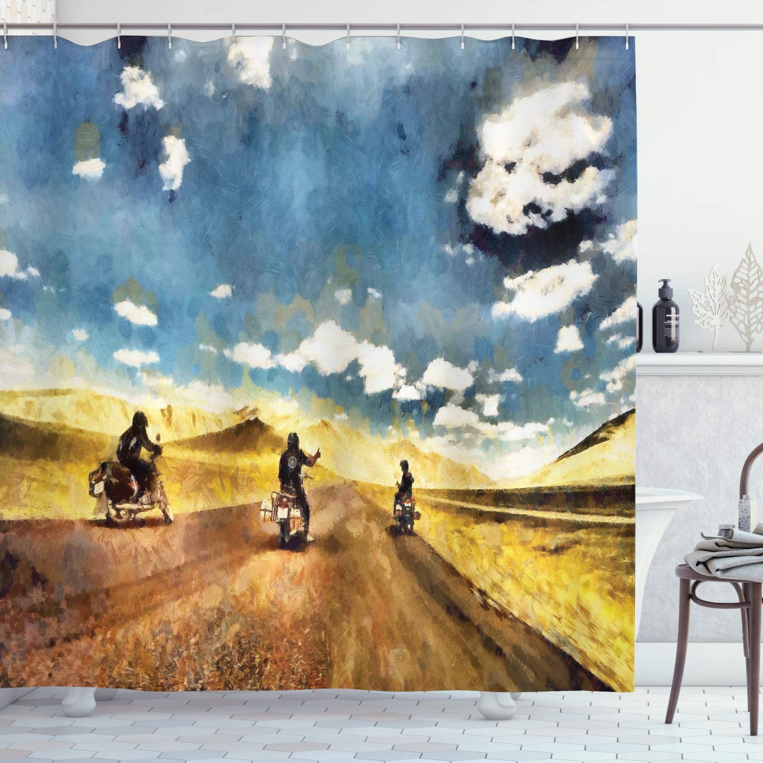 ABAKUHAUS Country Shower Curtain, Group Friends Band on Motorcycles in Countryside Rural Adventure Travel up Artwork, Cloth Fabric Bathroom Decor Set with Hooks, 175 x 200 cm, Yellow Blue