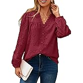 Simplee Womens Dressy Long Sleeve Blouses Casual V Neck Button Floral Lace Embroidered Fall Tops Fashion Shirts