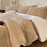tohrisa Seashell Jacquard Sherpa Comforter Set Warm Cozy Premium Bedding 3 Pieces, King Size Geometric Pattern Quilt Comforter with 2 Pillowcases(104"X90" Beige)