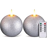 Retisee 2 Pcs Valentines Round Flameless Candles Real Wax with Remote Timer, 4.5″ x 3.8″ LED Glitter Ball Candles Battery Operated 3D Wick Flickering for Valentine's Gift Table Decor(Silver)
