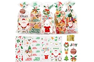 WeDoSoy Christmas Cellophane Bags - Set of 125 Treat Bags with Gold Twist Ties & 30 Gift Tags - Ideal for Cookies, Candies, Table Decor and Christmas Party Decorations