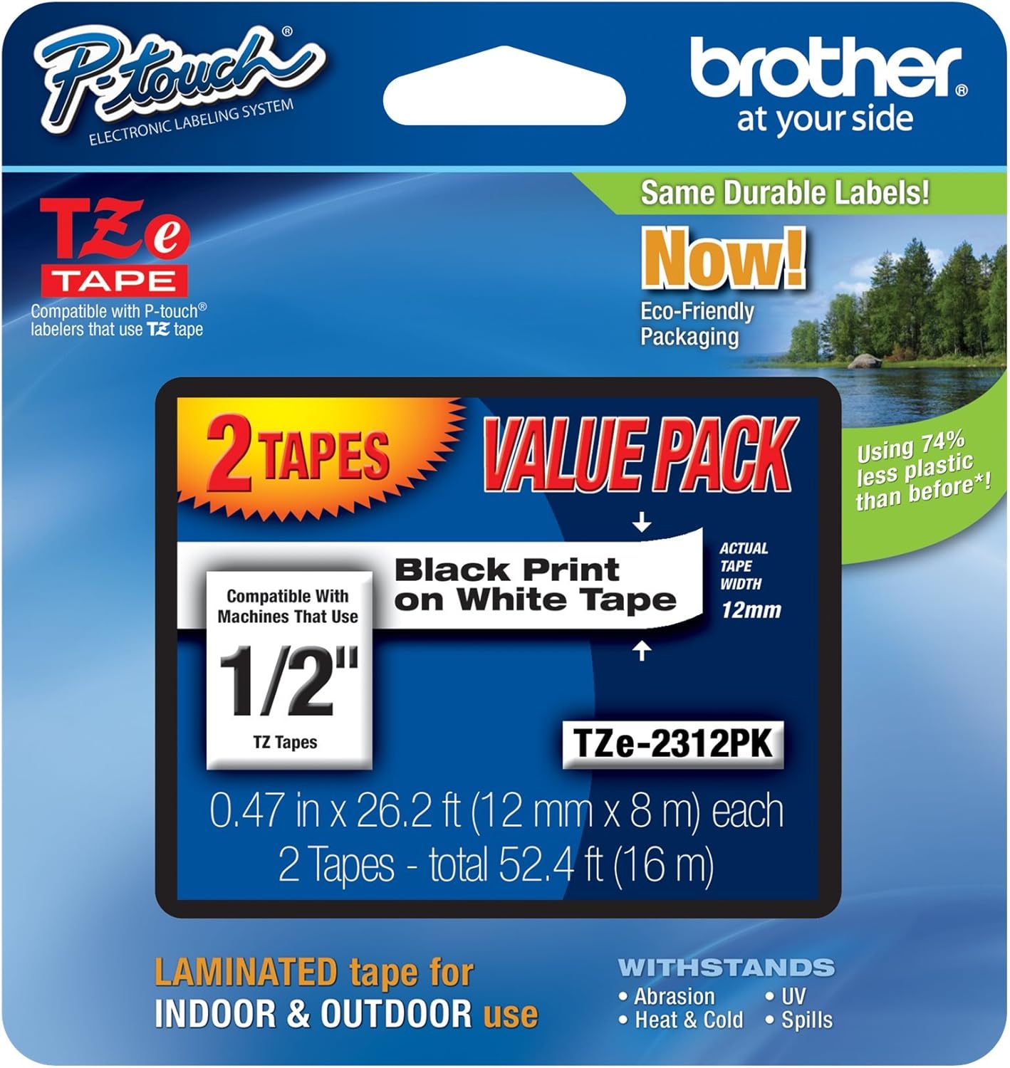 Brother Genuine P-Touch M-2312PK Tape, 2 Pack, 1/2" (0.47") Wide Standard Non-Laminated Tape, Black on White, Recommended for Home and Indoor Use, 0.47" x 26.2' (12mm x 8M), 2-Pack, M2312PK, M231: Office Products