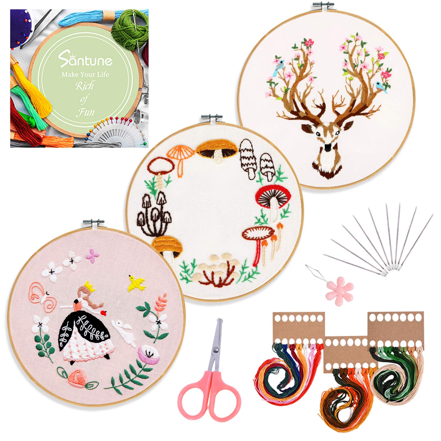 Santune 3 Sets Embroidery Starter Kit with Pattern and Instructions,Cross Stitch Kits,Embroidery Kits with 3 Embroidery Clothes with Plants Flowers Pattern 1 Embroidery Hoops Color Threads and Needles