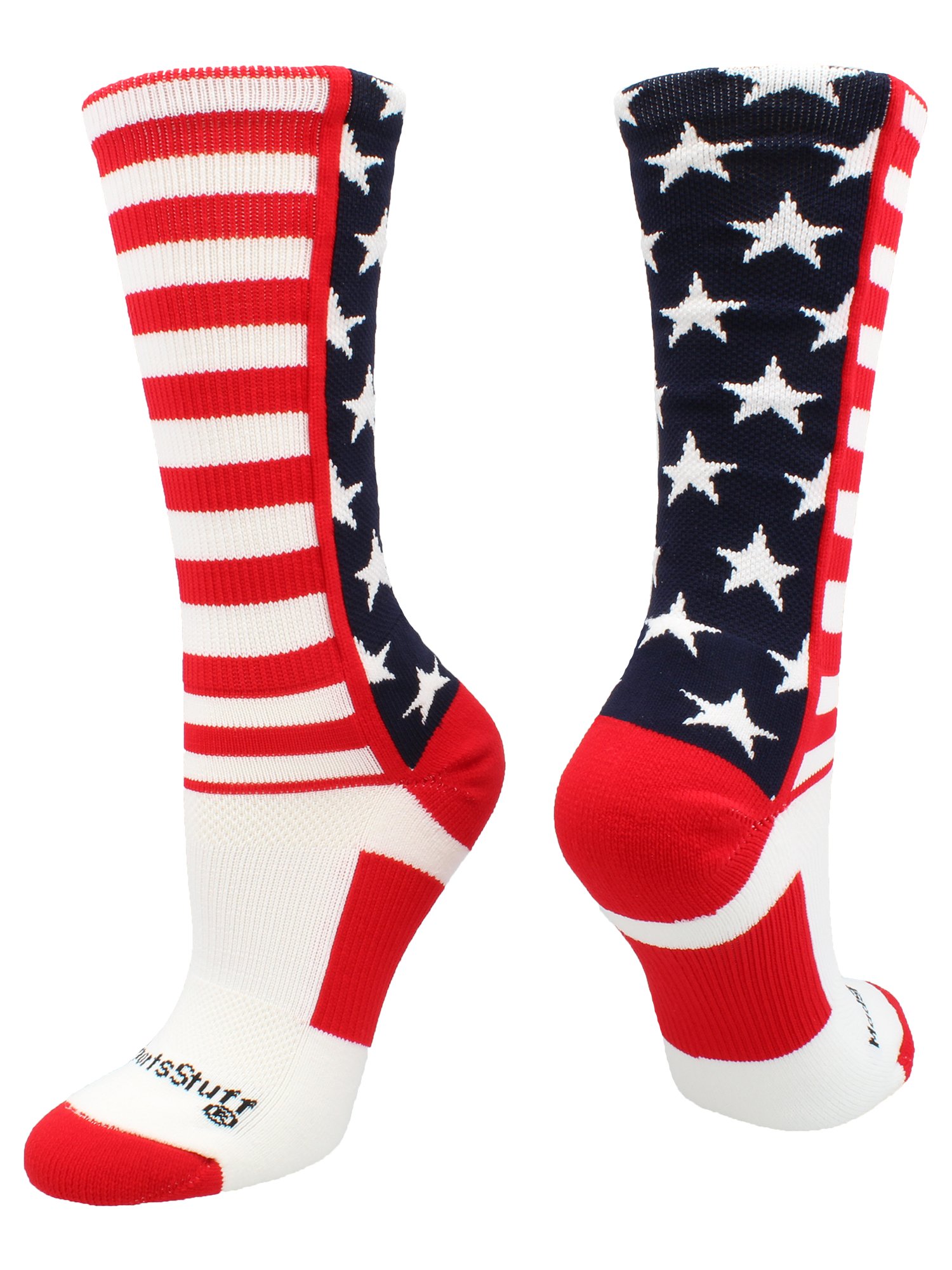 MadSportsStuff Calcetines con bandera estadounidense de estrellas y rayas (azul marino/rojo/blanco, pequeño)