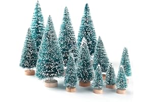 KUUQA 36Pcs Mini Sisal Snow Frost Christmas Trees Bottle Brush Trees Plastic Winter Snow Ornaments Tabletop Trees with Merry Christmas Letters for Xmas Party Diorama Models Small Size Trees