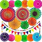 Cinco De Mayo Fiesta Party Decorations - Multi-Color Hanging Paper Fan, Tissue Paper Pom Poms, Circle Dots Garland, Triangle Pennant for Mexican Birthday Decorations