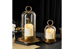 Ganwu 5"&4" Metal Candle Holder with Handmade Glass Dome in Brass & 2 Timer Candles, Set of 2 Versatile Hurricane Glass Candle Holders for Pillar Candles & Plants