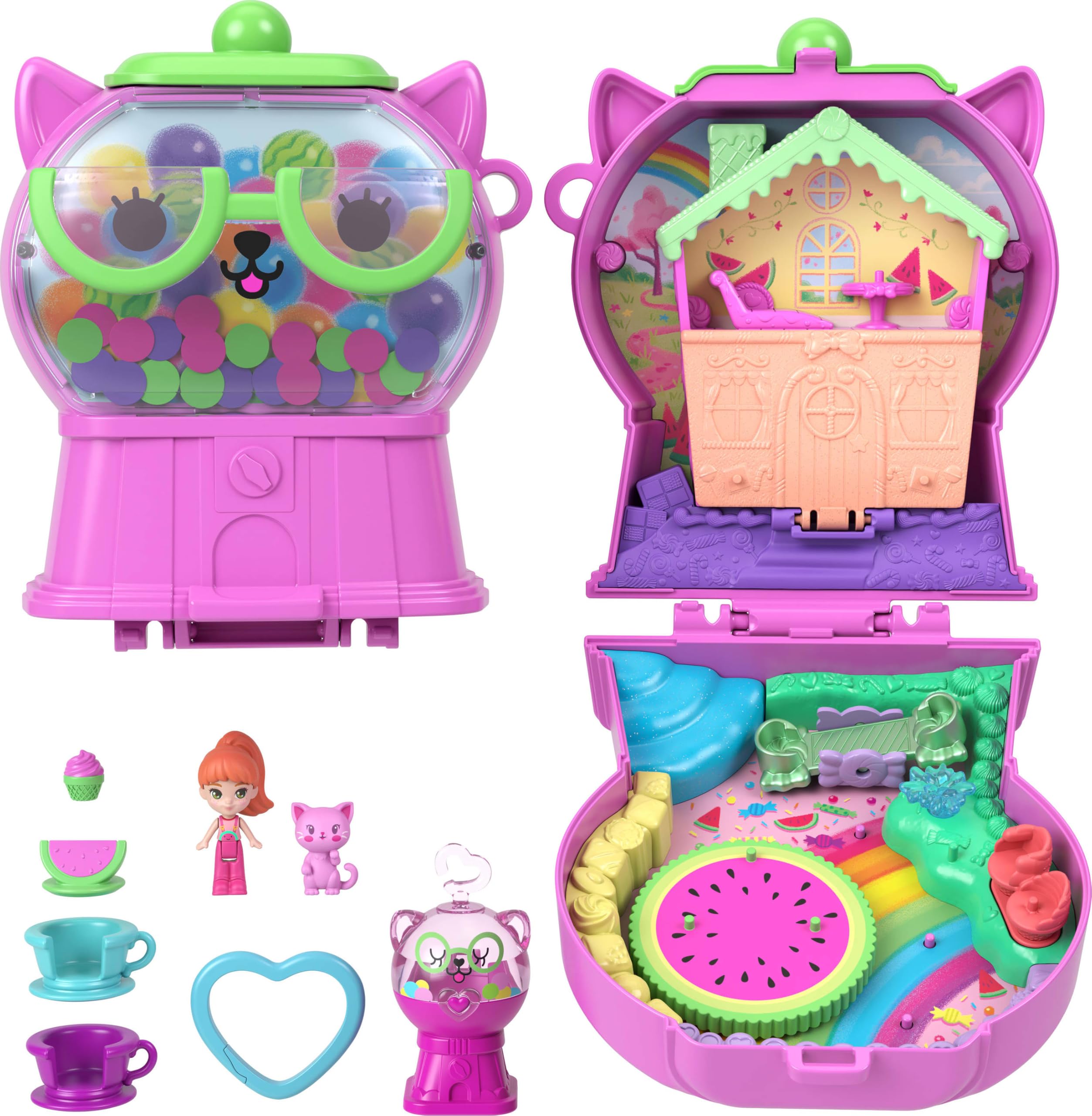 Polly Pocket JKC50 - Juego de juguetes de viaje con diseño de gatito y sandía, con 1 minifigura, animal, carrusel de tazas, columpio y accesorios con temática de frutas