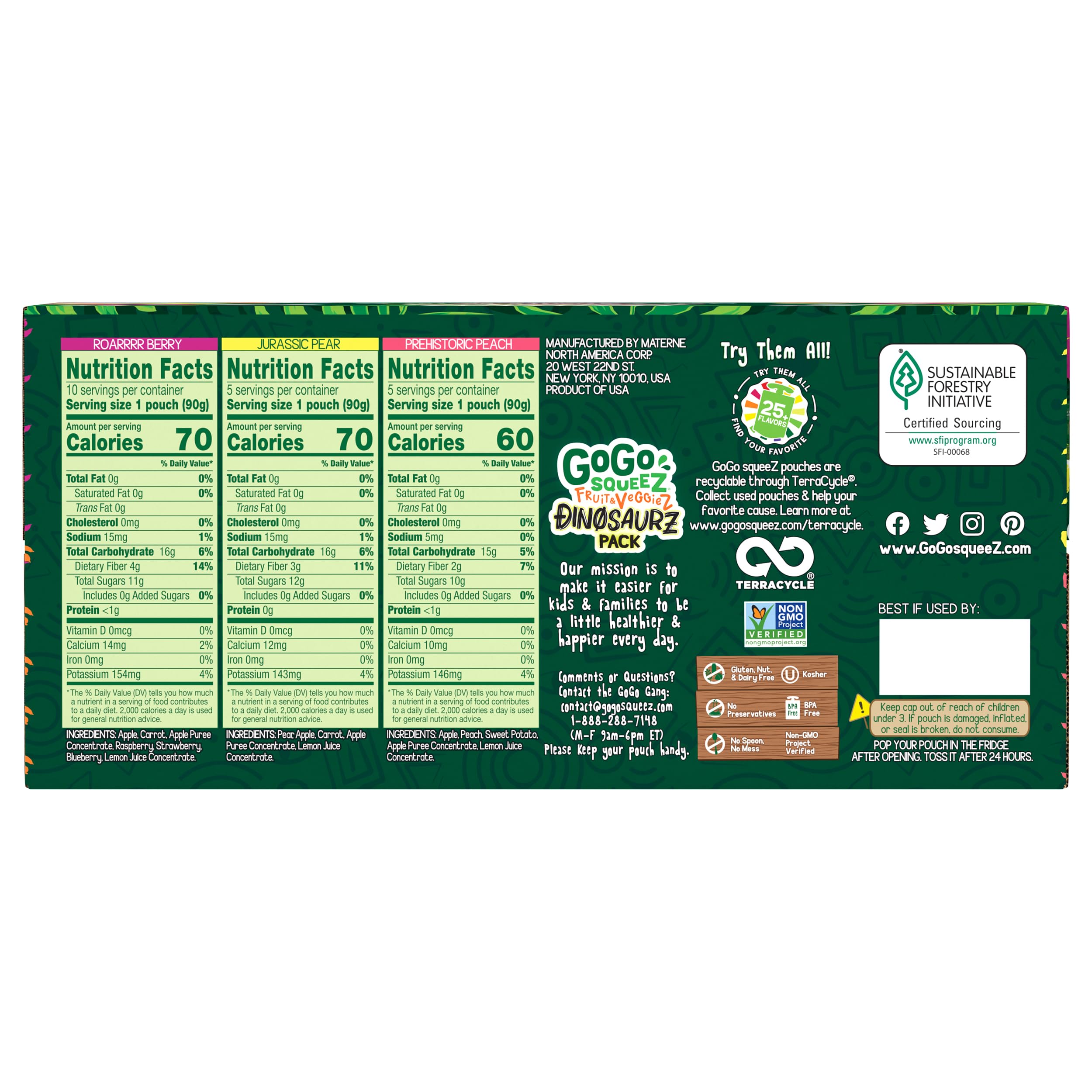 GoGo squeeZ Fruit & veggieZ Applesauce and Puree Variety Pack, Jurassic Pear, Roarrrr Berry & Prehistoric Peach, 3.2 oz (Pack of 20), Unsweetened Snacks for Kids, BPA Free Pouches