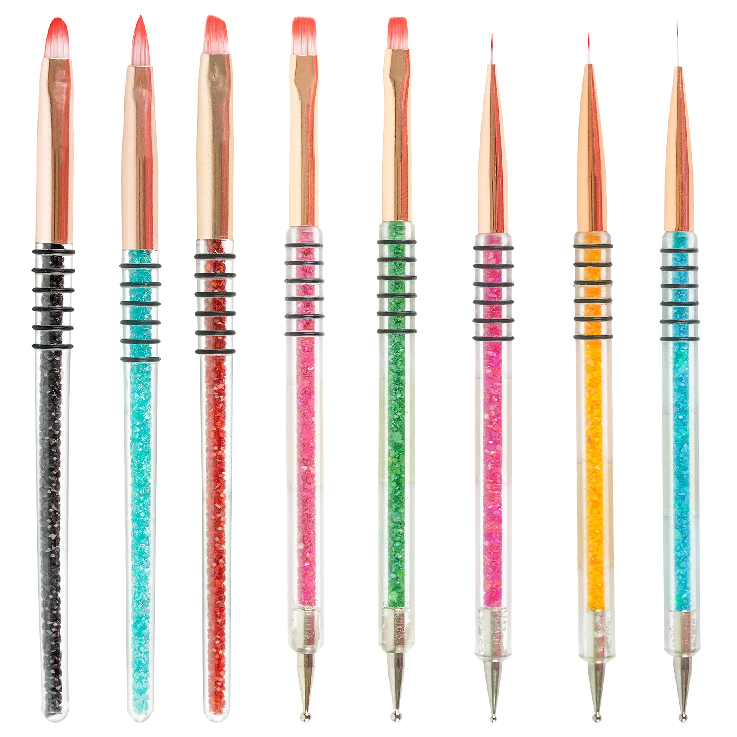 ODazzl Nail Art Brushes for Gel 8pcs with Glitter Handle - Nail Dotting Tools, Dual Ended Brush Pen for Painting, Dotting and Drawing