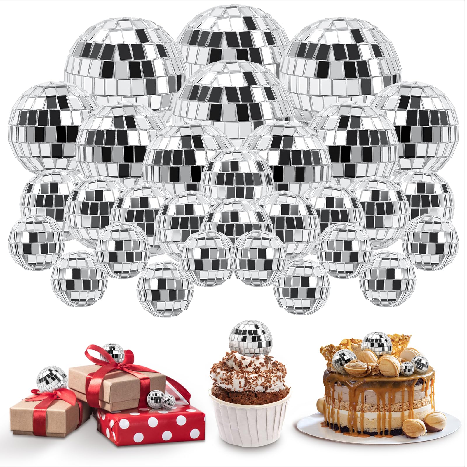 Photo 1 of 30 PCS Disco Balls Cake Decoration, Small Silver Reflective Mirror Ball Disco Table Decor 70s Disco Themed Party Supplies for Festive, 4 Sizes