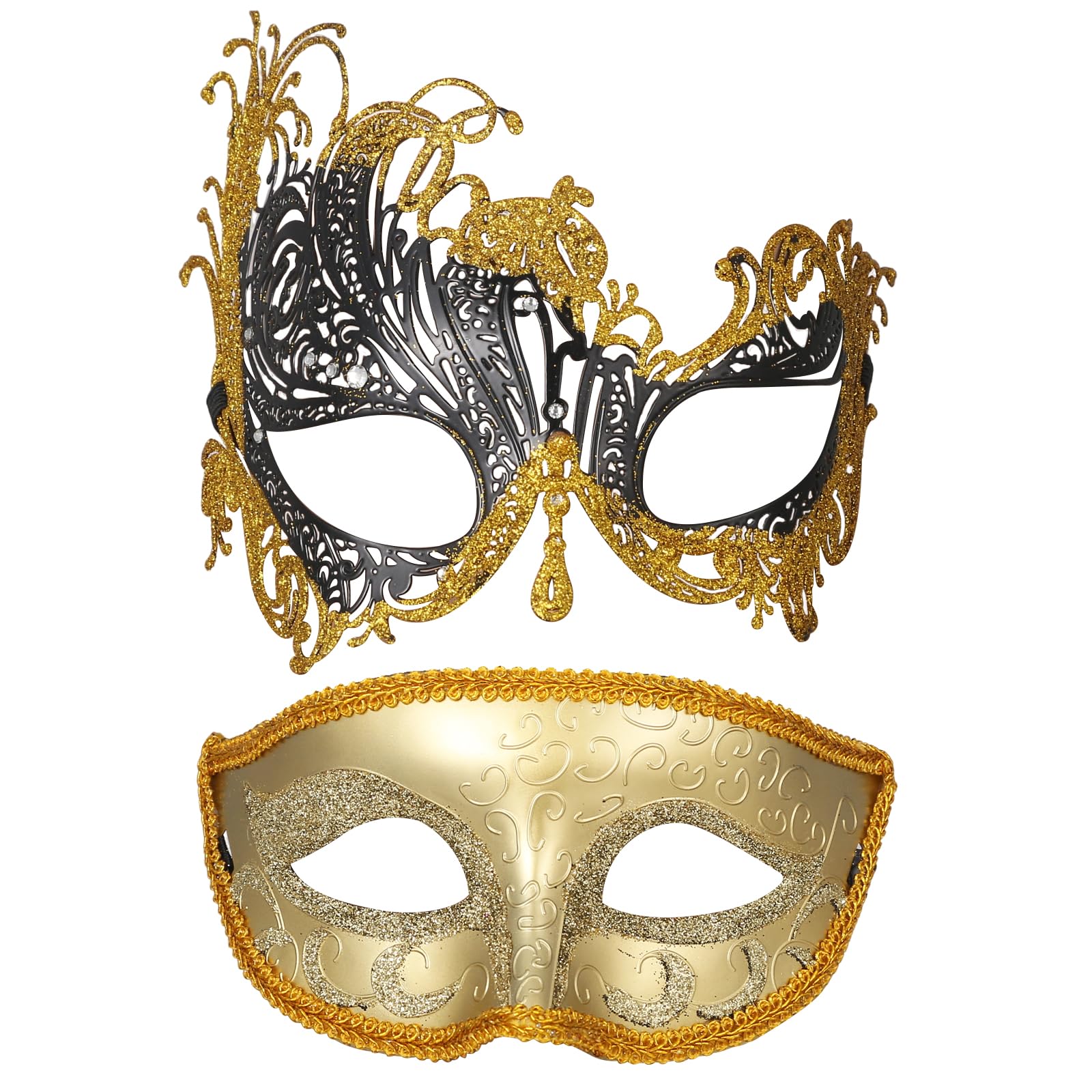 Oidea Couple Masquerade Mask Set: Sparkling Rhinestone Metal Venetian Party Mask Halloween Wedding Cosplay Costume Prom Mardi Gras Masks for Women and Men Gold