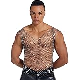 PURFUN Mens Sparkly Rhinestone Fishnet Vest Sexy Sheer Mesh Dance Tank Top Sleeveless Shirt for Beach Raves Stage Nightclub