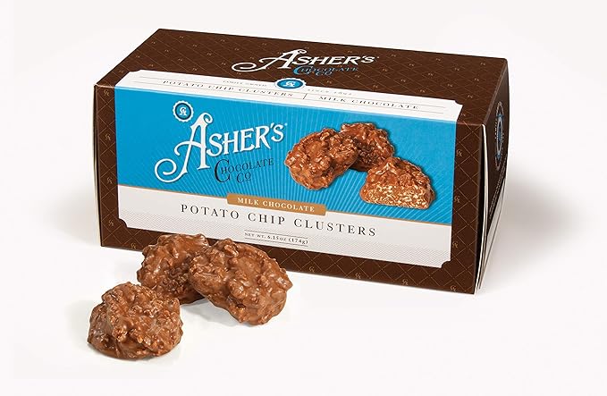 Amazon Com Asher S Chocolates Chocolate Covered Potato Chip Cluster Gourmet Sweet And Salty Candy Small Batches Of Kosher Chocolate Family Owned Since 1892 Snack Size Box 6 15oz Milk Chocolate Grocery