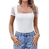 Avidlove Women's Short Sleeve Bodysuits Sexy Square Neck Body Suit Mesh Double Lined Tshirt Leotard Tops Going Out