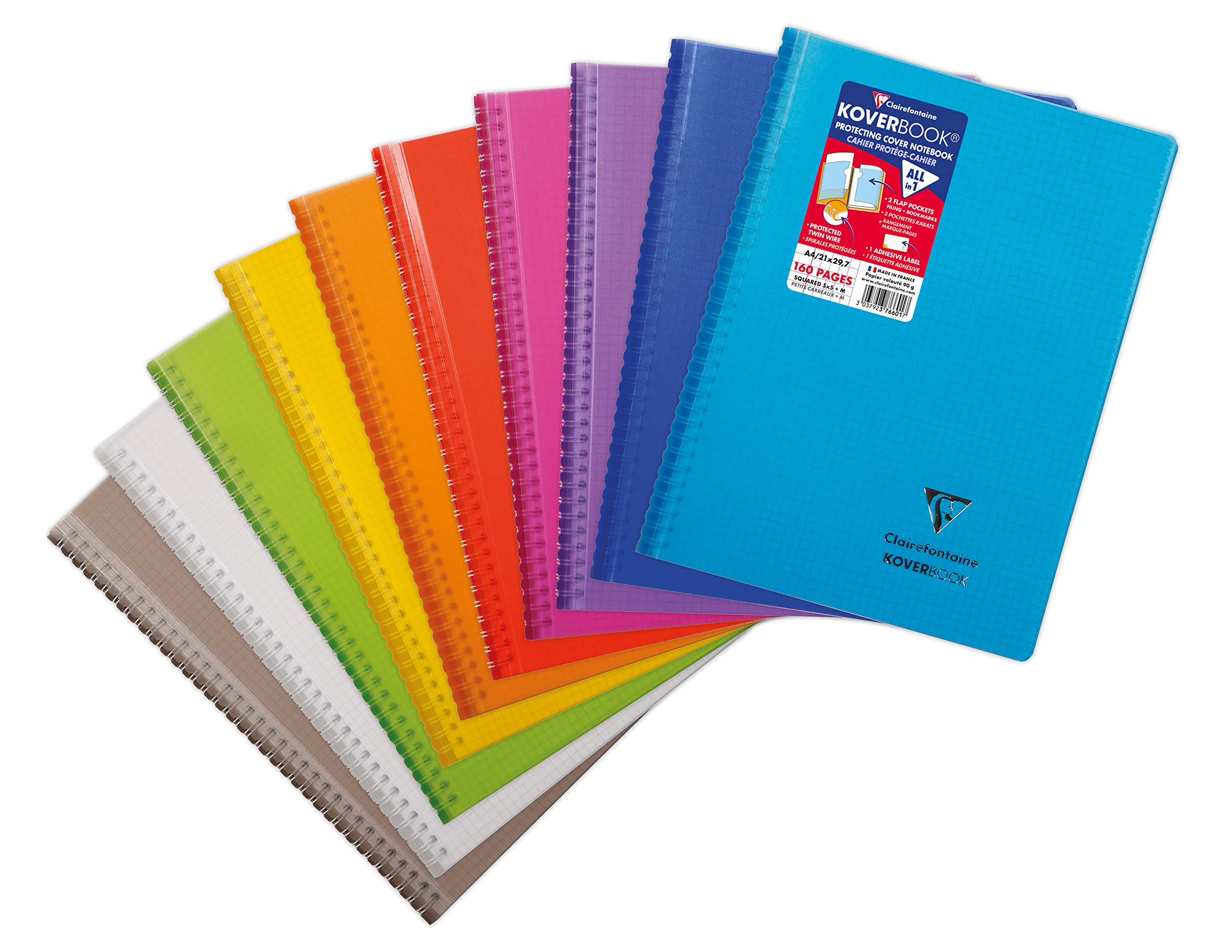 Clairefontaine 376601C A Spiral Notebook Koverbook - A4 21x29,7 cm - 160 Pages Small Squares with Margin - White Paper 90 g - Cover Polypro Random Colour