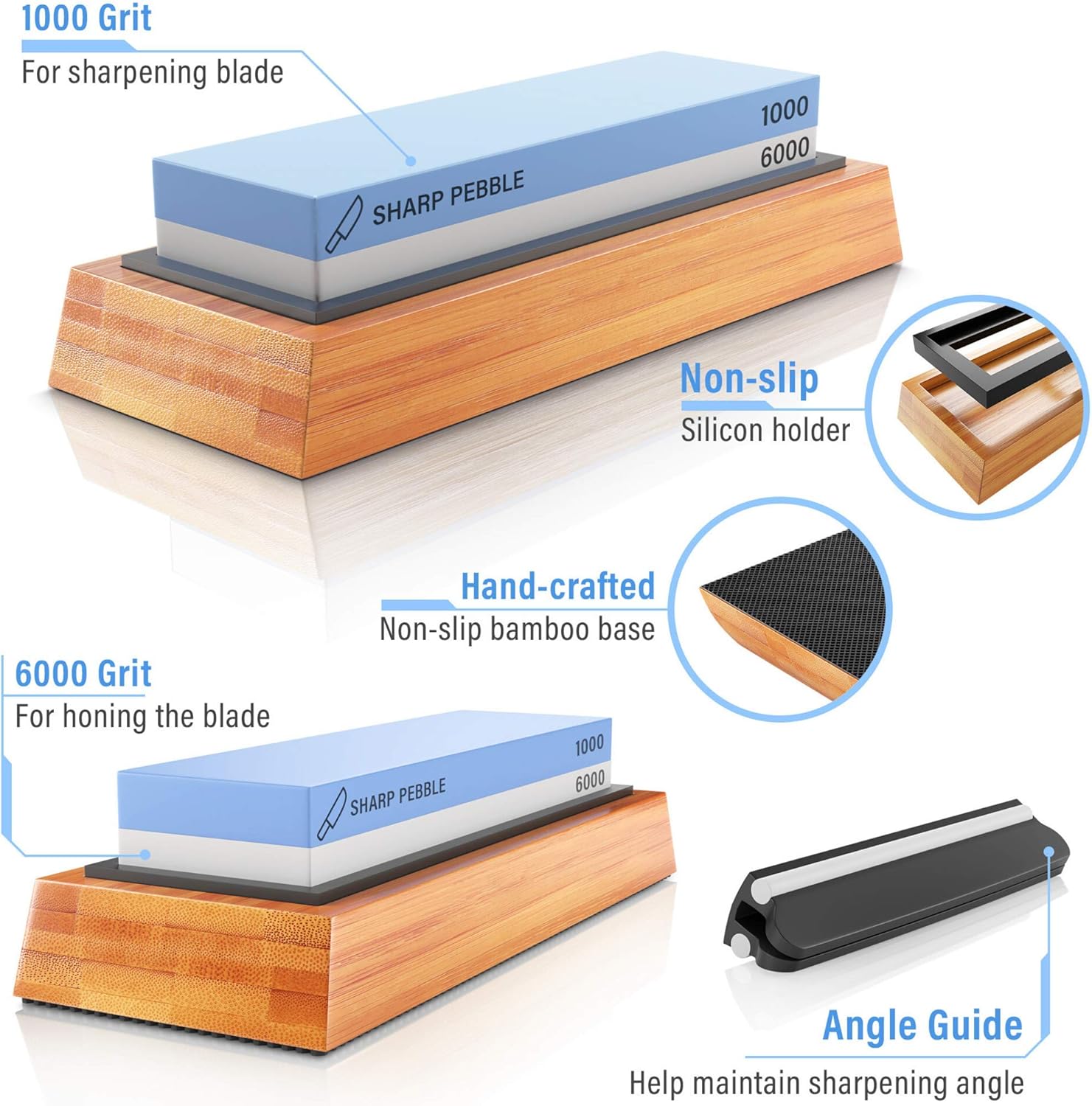Sharp Pebble Premium Whetstone Knife Sharpening Stone 2 Side Grit 1000/6000 Waterstone- Whetstone Knife Sharpener- NonSlip Bamboo Base & Angle Guide - - 