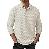 VOGSTART Mens Textured Polo Stretchy Casual Fashion Long Sleeve Button Shirt (S-XXL)