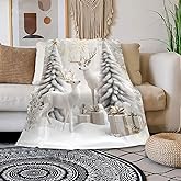 Christmas Reindeer Throw Blanket for Couch Bed Sofa Winter Holiday Cozy Christmas Tree Flannel Blanket with Snow Scene Deer and Pine Trees Farmhouse Christmas Decor Xmas Gifts (Xmas 1, 50''x60'')
