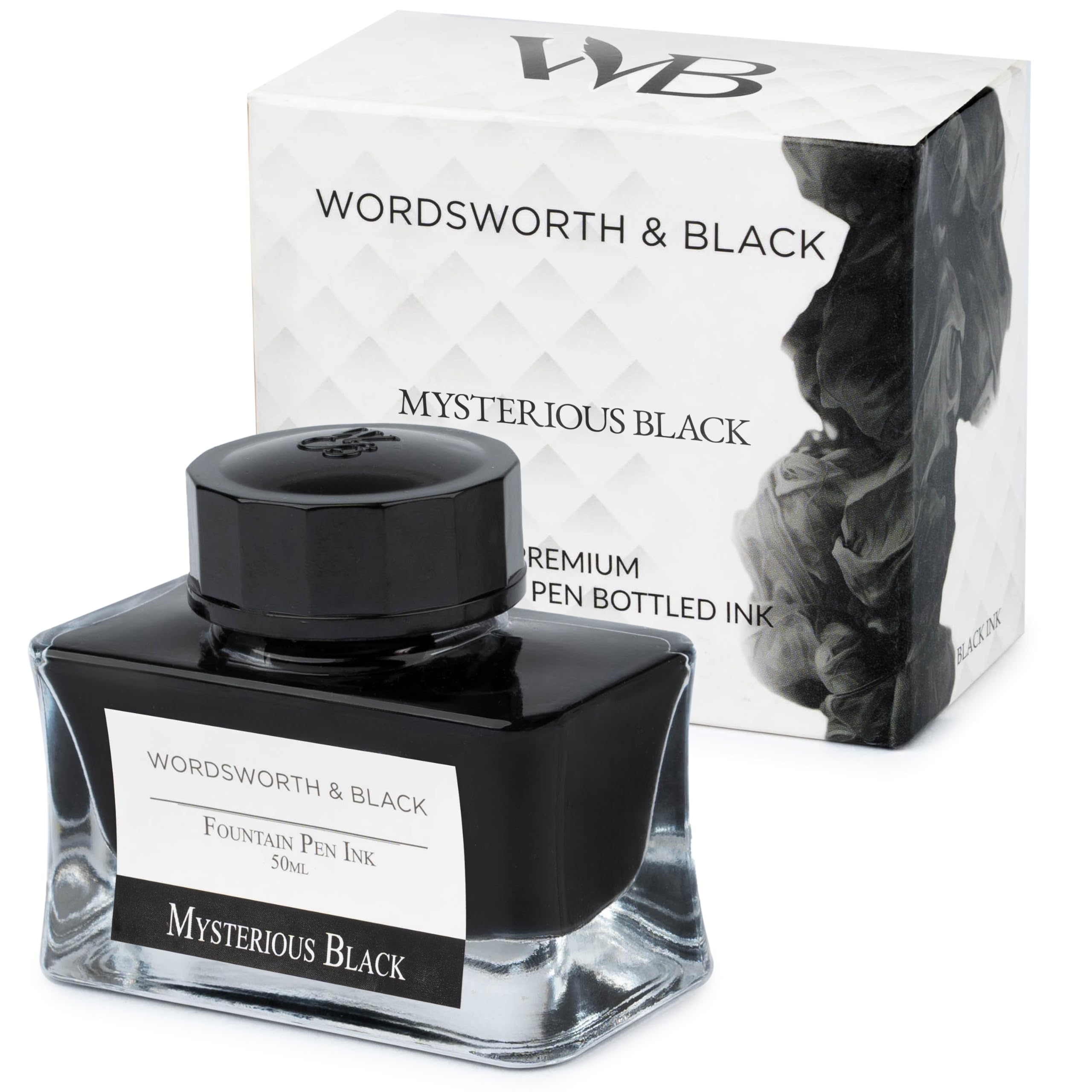 Wordsworth and Black Fountain Pen Ink Bottle (50 ml) Premium Luxury Edition, [Mysterious Black] Fountain Pens Bottled Ink; Classic Designed Bottle Smooth Flow 50 ml