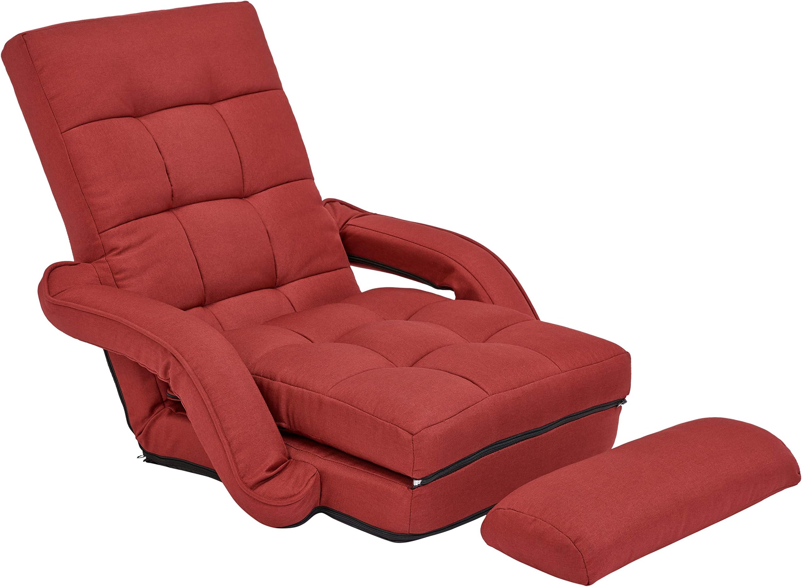 First Hill Palermo Folding Floor Chair Sofa Lounger Bed with Armrests and Pillow, Strawberry Red