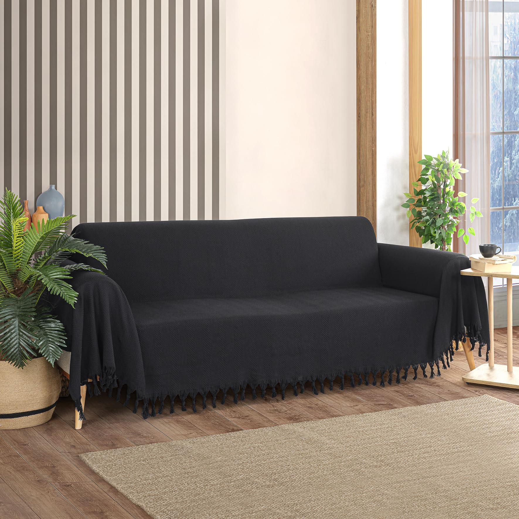 Milam London Sofa Throw Large 3 Seater | Extra Large Throws For Settees | Herringbone Pattern 180x300 cm Black