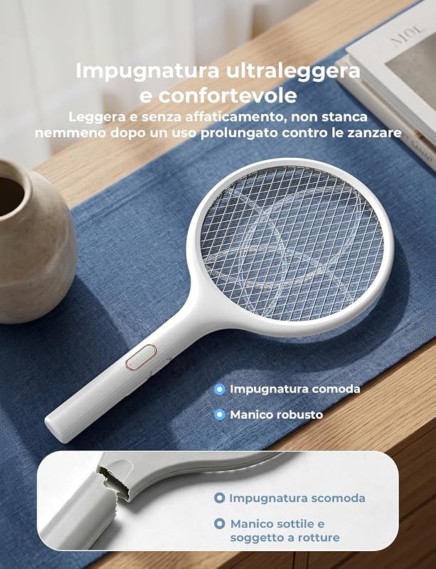Racchetta Zanzare Elettrica 4000V 1500mAh USB-C Ricaricabile