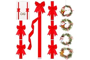 Ysleen 6 Pcs Christmas Cabinet Ribbon Bows Festive Large Xmas Bows and 4 Pcs Christmas Pine Wreath with Snowman Santa Claus Artificial Christmas Front Door Wreath for Christmas Party (Red)