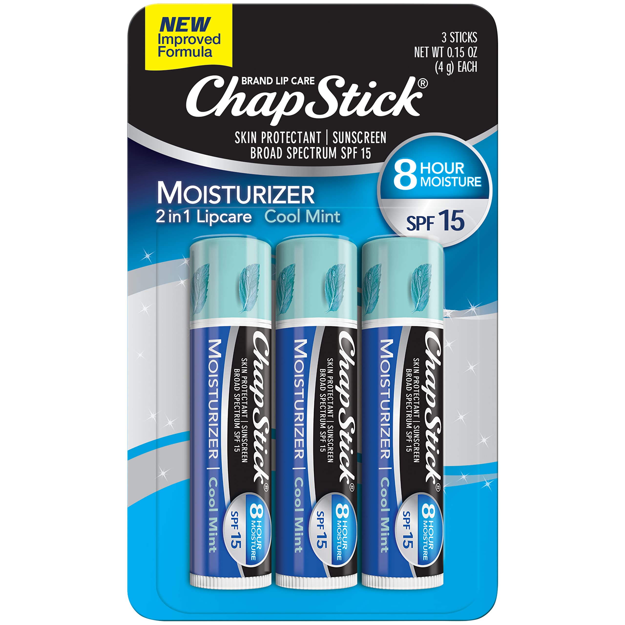 ChapStick Moisturizer 2-in-1 Lipcare SPF 15, Cool Mint, 3-Pack – Sunscreen Lip Balm with Aloe Vera and Vitamin E, 0.15 Ea