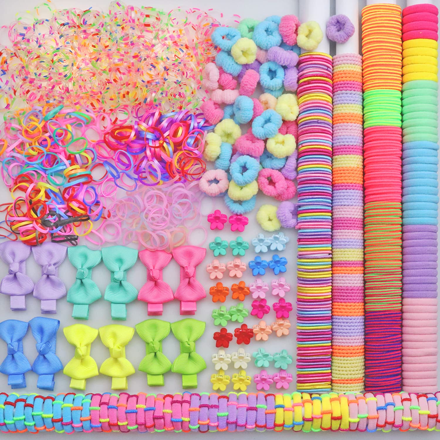 Photo 1 of 1125Pcs Girls Hair Accessory Set - Mini Seamless Cotton Hair Ties, Multicolor Finger Bands, Colorful Small Rubber Elastics, Butterfly Hair Clips, Ponytail Holders for Toddlers