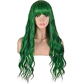 AMZCOS Long Wavy Green Wig with Bangs | Heat Resistant Synthetic Hair Wigs for Women Halloween Costume Cosplay Party