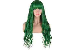 AMZCOS Long Wavy Green Wig with Bangs | Heat Resistant Synthetic Hair Wigs for Women Halloween Costume Cosplay Party