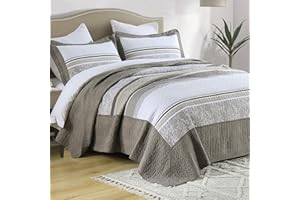 SahSahCasa 100% Cotton 120"x120" Farmhouse Bedding Set, California King XL Bedspread Coverlet Quilt Set, Taupe/Gray/White Striped, 3-Piece