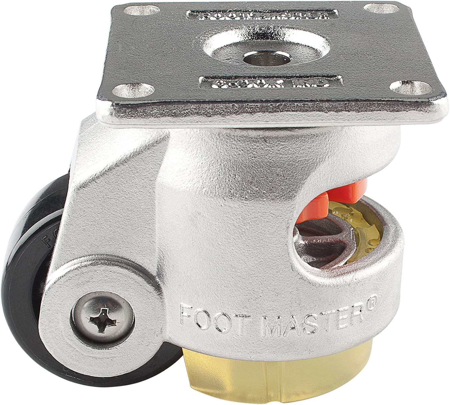 FOOT MASTERSGDN-60-F-NYN-CUR Leveling Caster, 50 mm Nylon 66 Wheel, Stainless Steel, Height Adjustable Foot Pad, Plate Mounted Swivel Caster, 280 kg Load Rating
